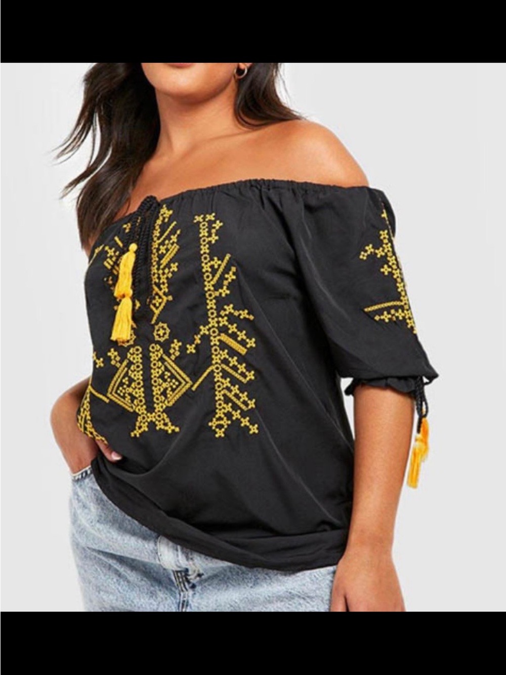 Boohoo plus size off the shoulder embroidered black top